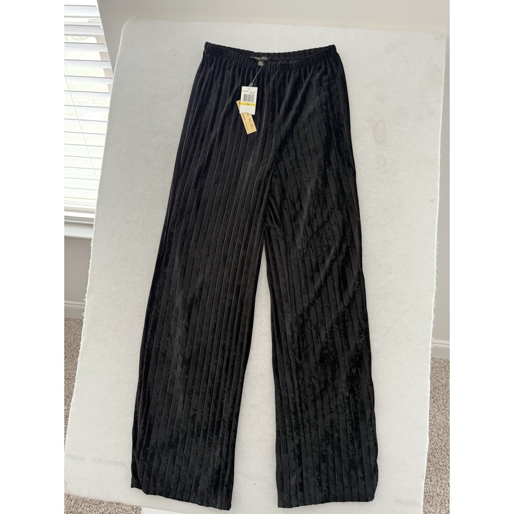 Melissa Paige Women's Medium Open Leg Black Pants Ribbed Stretchy Velour NEW